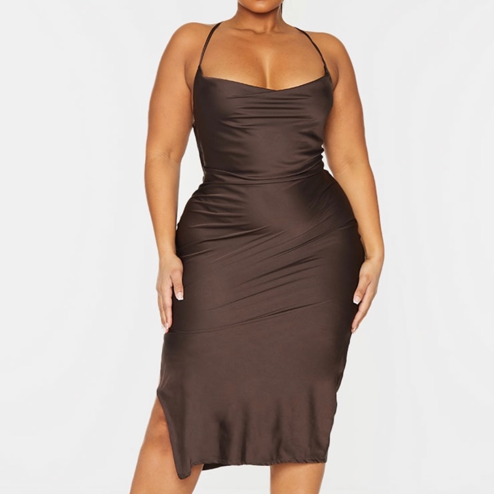 Plus Chocolate Cowl Neck Dress with Strappy Back